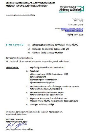 KLICK zum Lesen der Einladung zur Jahreshauptversammlung der Metzger.Innung am 6. Mai 2026