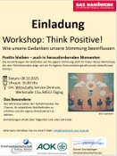 Wie unsere Gedanken unsere Stimmung beeinflussen  Anmeldung zum Workshop: Positiv bleiben – auch in herausfordernden Momenten Die Auswirkungen der Gedanken auf die eigene Stimmung steht im Fokus dieses Workshops, der den Teilnehmenden zeigt, wie sie ihr eigenes Stresserleben gezielt positiv beeinflussen können.  📅 Datum: 08.10.2025⏰ Uhrzeit: 16.00 Uhr 📍  Ort: Wirtschafts Service Zentrum -  Werkstraße 13a, 84513 Töging 