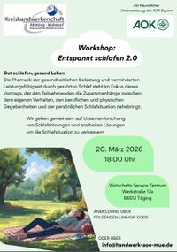 KLICK auf das Bild um die Inhalte zu erfahren! Gut schlafen, gesundLeben Die Thematik der gesundheitlichen Belastung und verminderten Leistungsfähigkeit durch gestörten Schlaf steht im Fokus dieses  Vortrags, der den  Teilnehmenden die Zusammenhänge zwischen dem eigenen Verhalten, den beruflichen und physischen  Gegebenheiten und der persönlichen Schlafsituation nahe bringt. Wir gehen gemeinsam auf  Ursachenforschung von  Schlafstörungen und erarbeiten Lösungen um die Schlafsituation zu verbessern