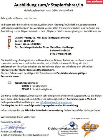 Klick auf das Bild um die Anmeldung + Information zur Ausbildung zum/zur Stapelfahrer/-in zu öffnen Klick auf das Bild für die Anmeldung + Information zur Ausbildung zum/zur Stapelfahrer/-in zu öffnen.
