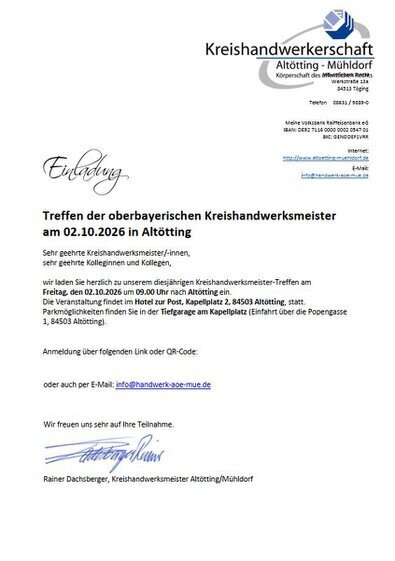 Treffen der oberbayerischen Kreishandwerksmeister am 2. Okt. 2026 Treffen der oberbayerischen Kreishandwerksmeister am 2. Okt. 2026 in Altötting