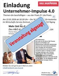 Diese Veranstaltung wurde abgesagt !! Unternehmer Impulse 4.0 - Thema: Mehr Zeit für das Wesentliche - Das A & O der Büro- und Selbstorganisation. Beginn: 18:30 Uhr im Wirtschafts-Service Zentrum - Werkstraße 13 a - in Töging Die Teilnehme ist kostenfrei